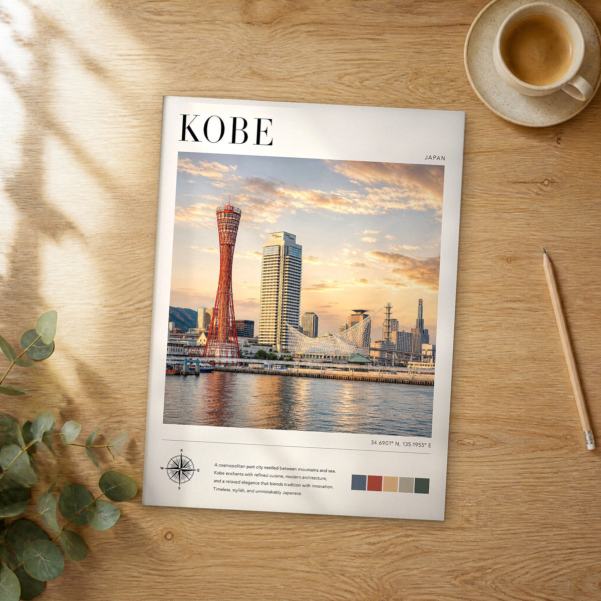 Unframed Kobe modern photography travel poster on a wooden table