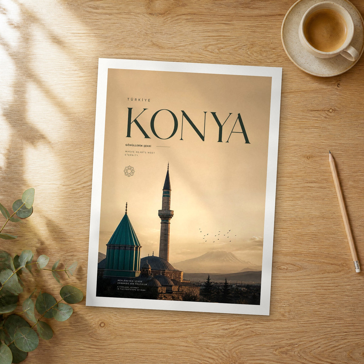 Unframed Konya bold typography travel poster on a wooden table