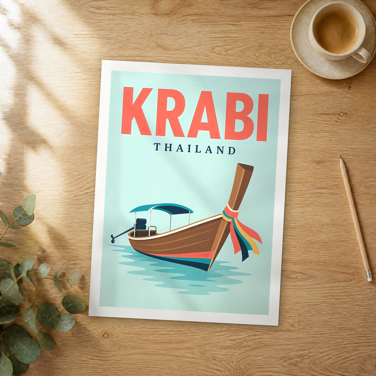 Unframed Krabi pop art travel poster on a wooden table
