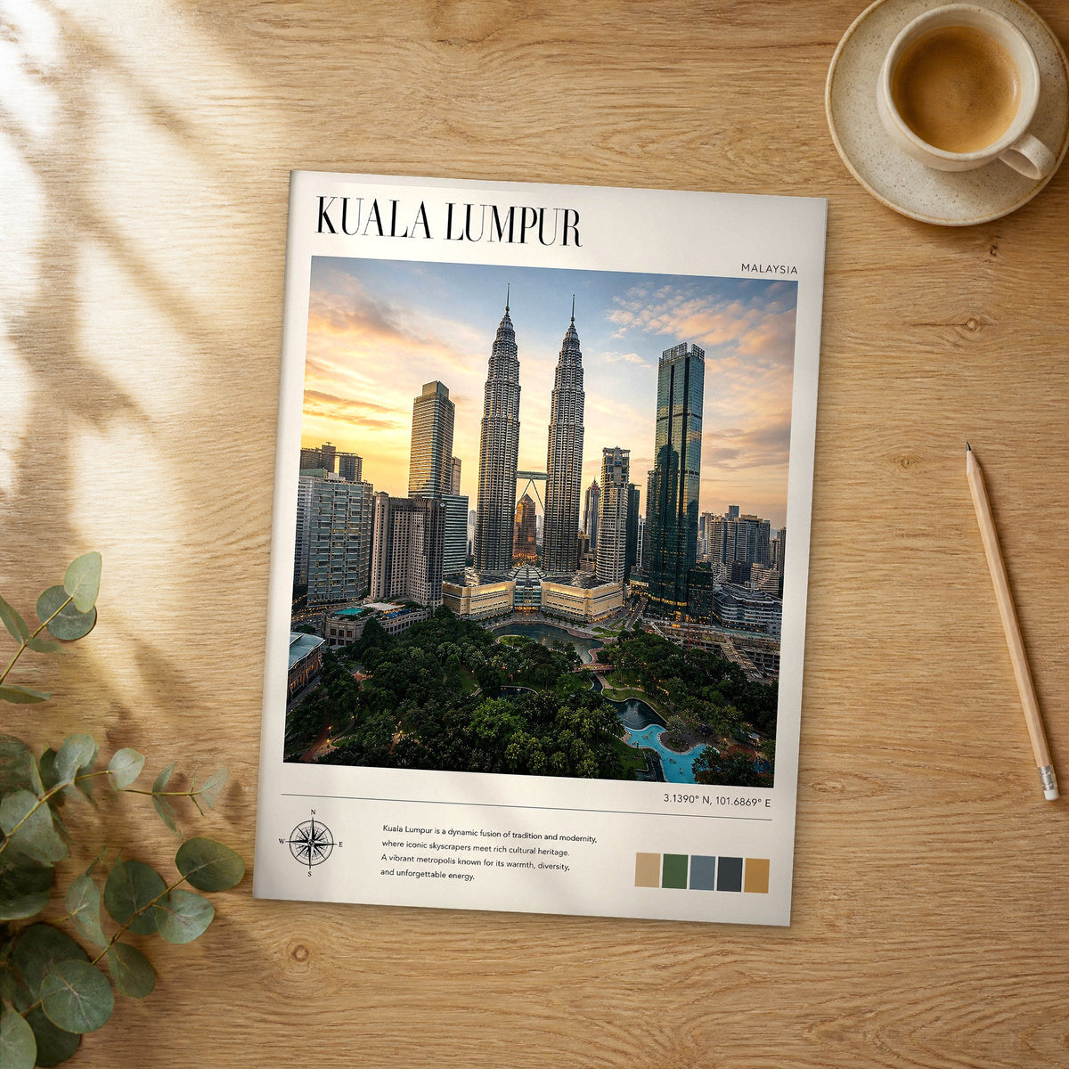Unframed Kuala Lumpur modern photography travel poster on a wooden table