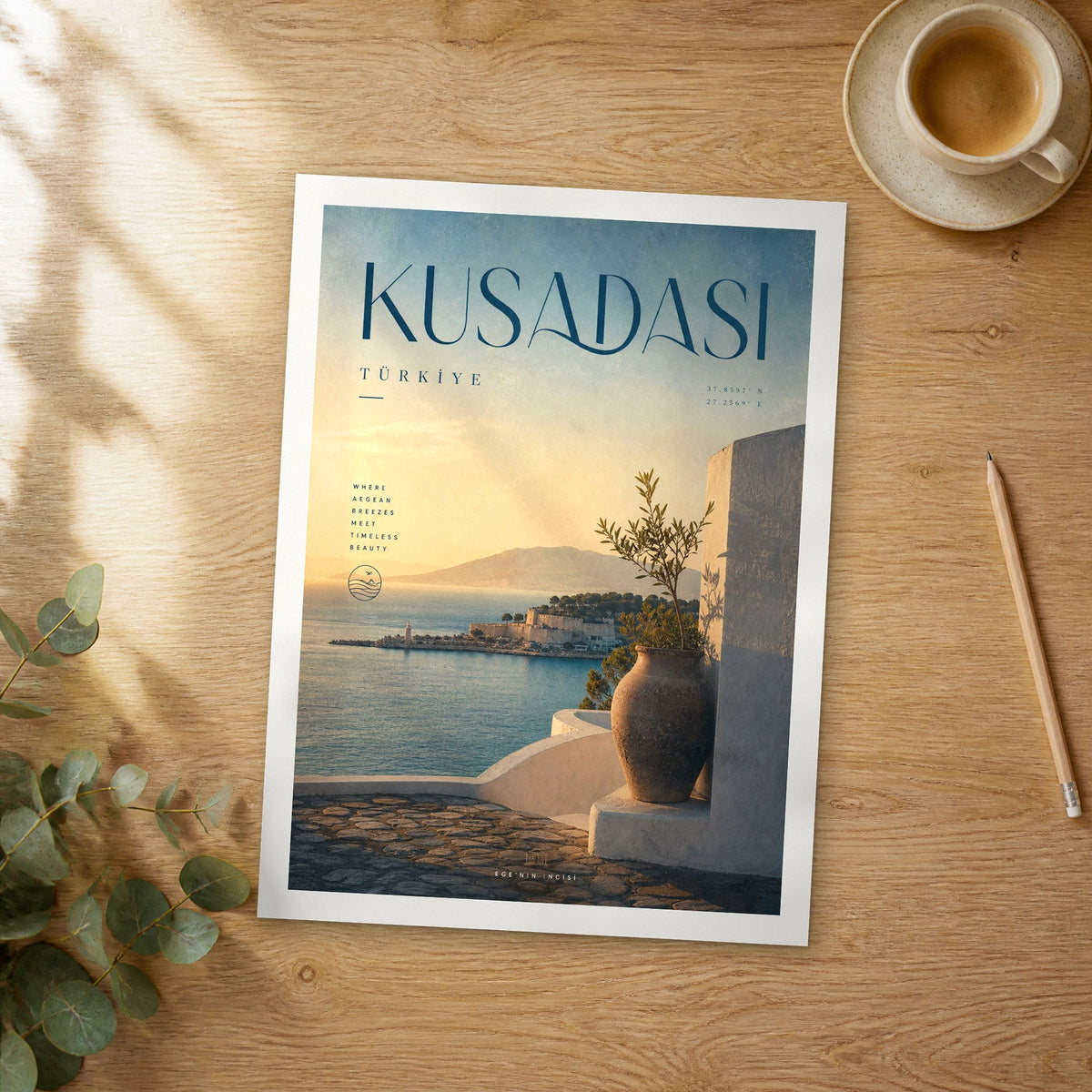 Unframed Kusadasi bold typography travel poster on a wooden table