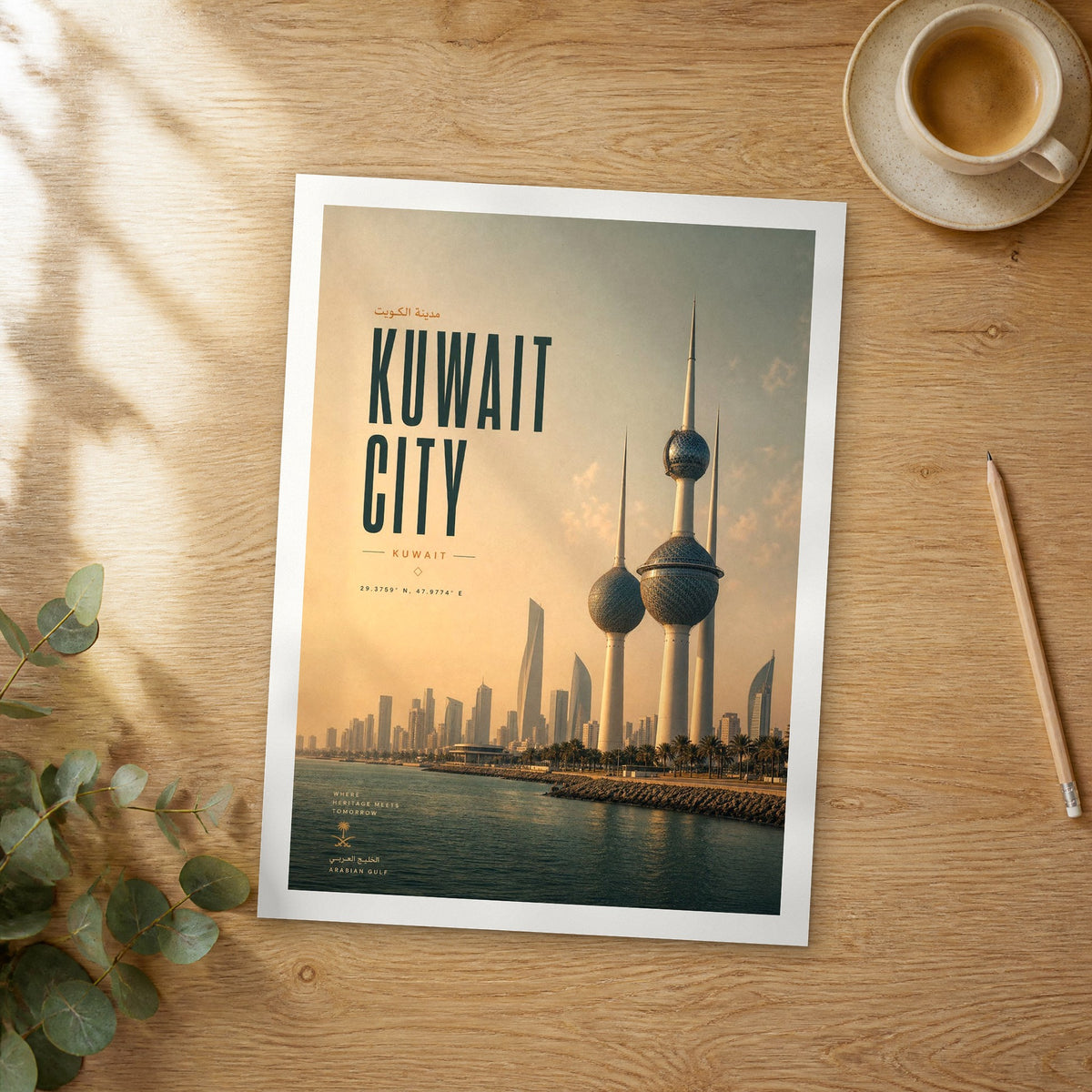 Unframed Kuwait City bold typography travel poster on a wooden table