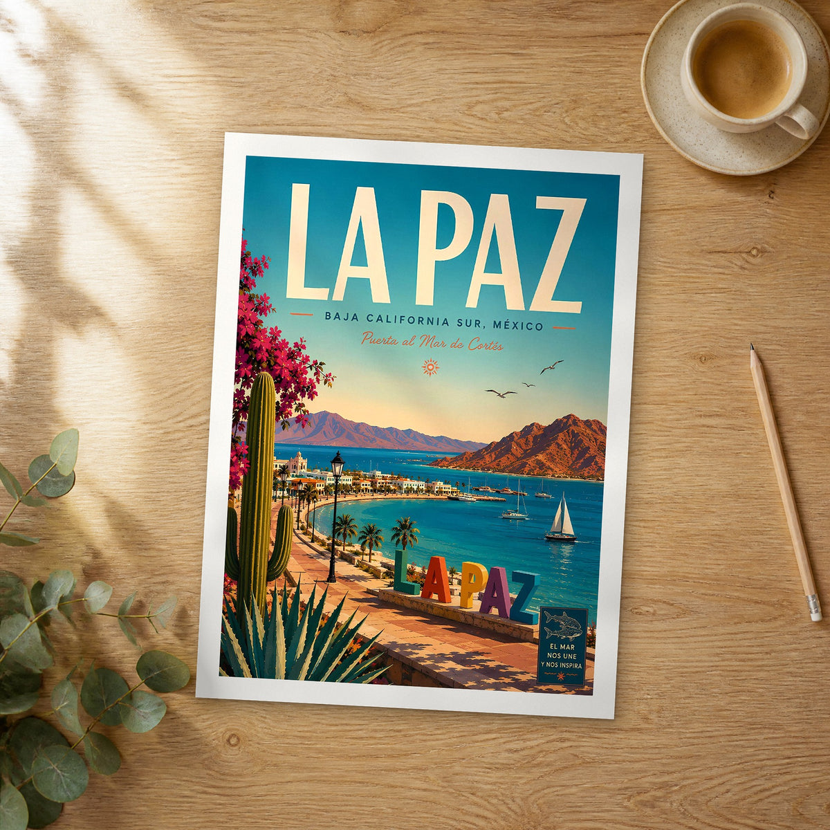 Unframed La Paz retro travel poster on a wooden table