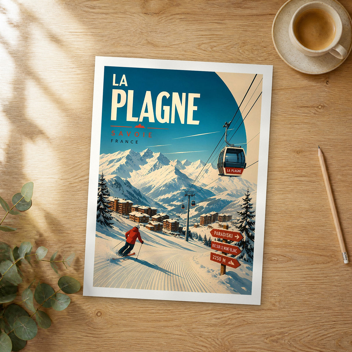 Unframed La Plagne retro travel poster on a wooden table