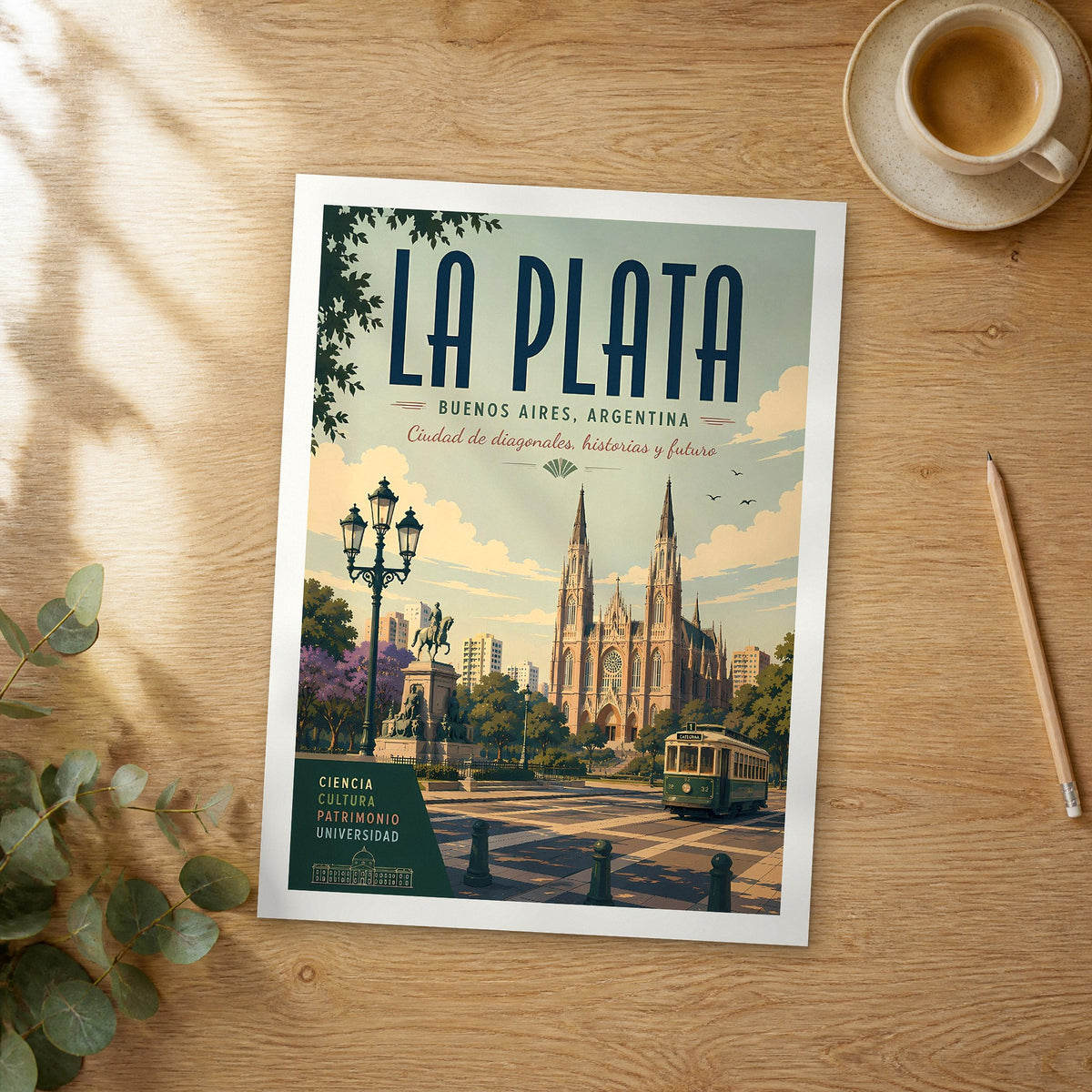 Unframed La Plata retro travel poster on a wooden table
