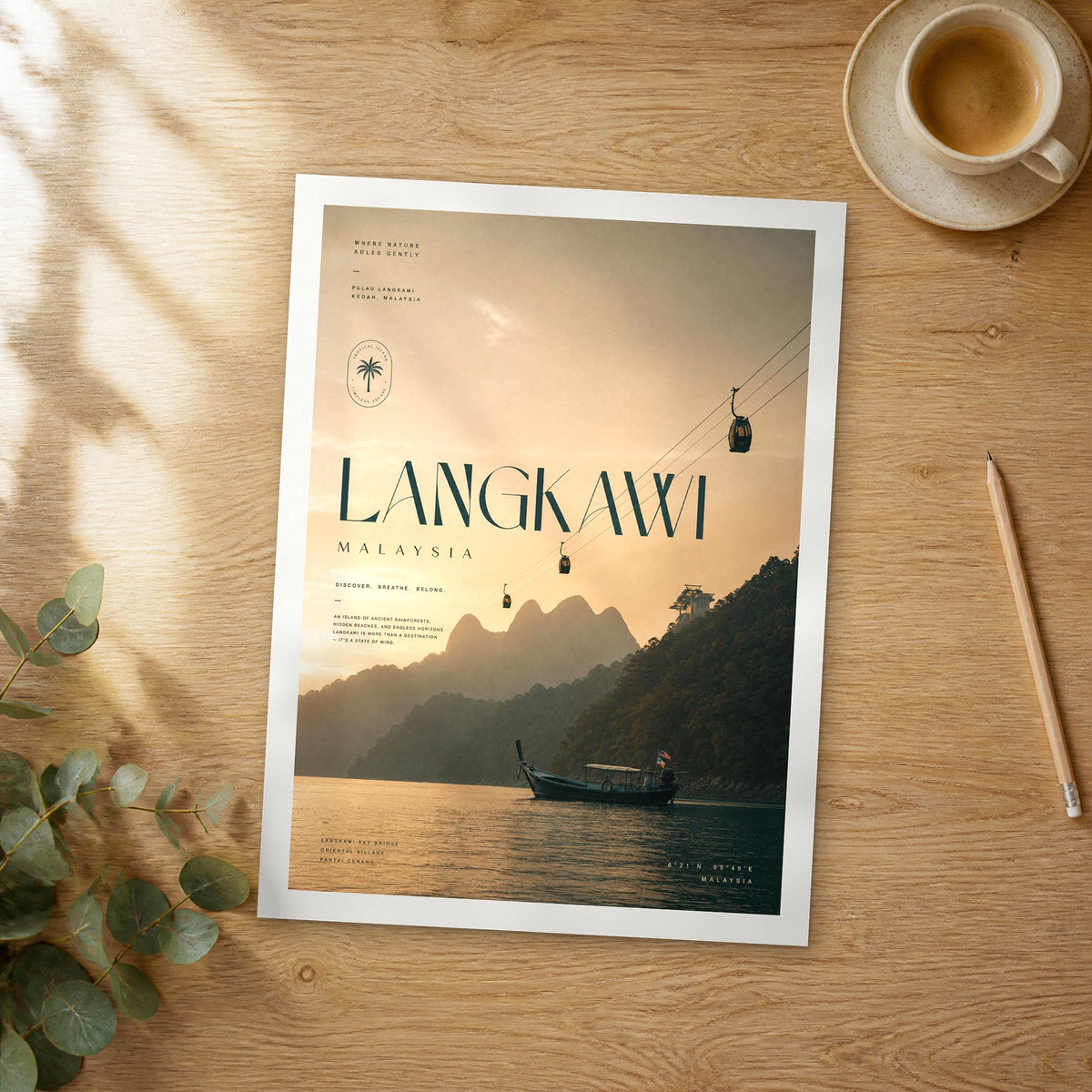 Unframed Langkawi bold typography travel poster on a wooden table