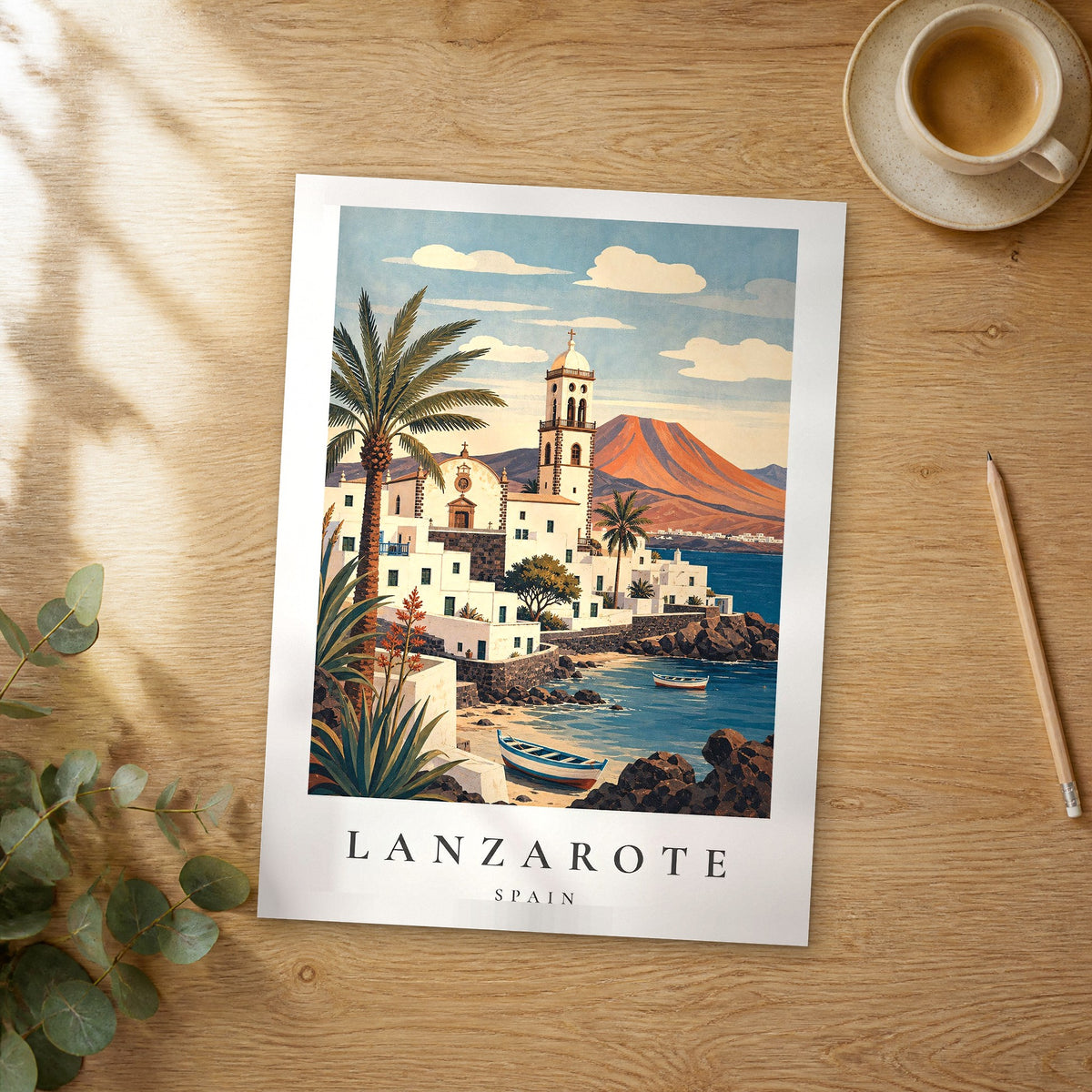 Unframed Lanzarote vintage travel poster on a wooden table