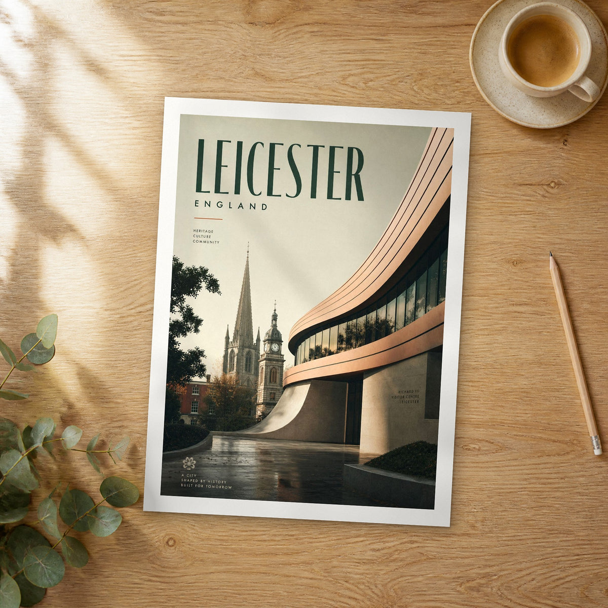 Unframed Leicester bold typography travel poster on a wooden table