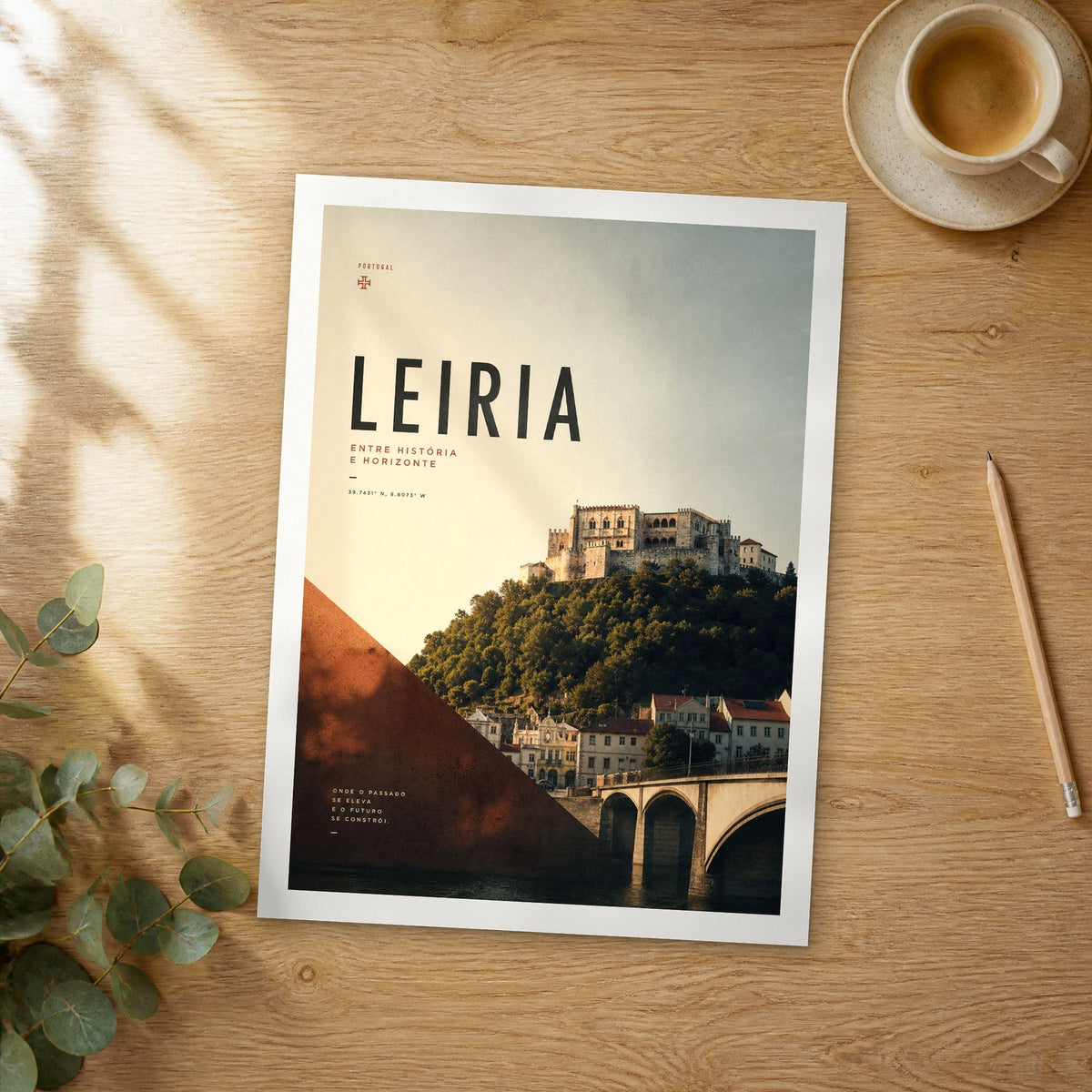 Unframed Leiria bold typography travel poster on a wooden table