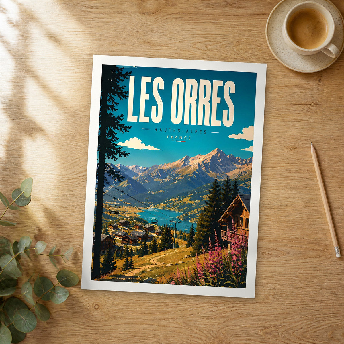 Unframed Les Orres Summer Lake View retro travel poster on a wooden table