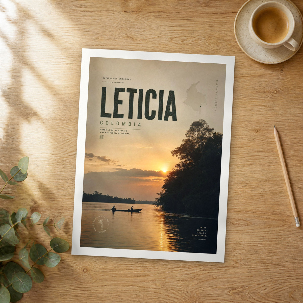 Unframed Leticia bold typography travel poster on a wooden table