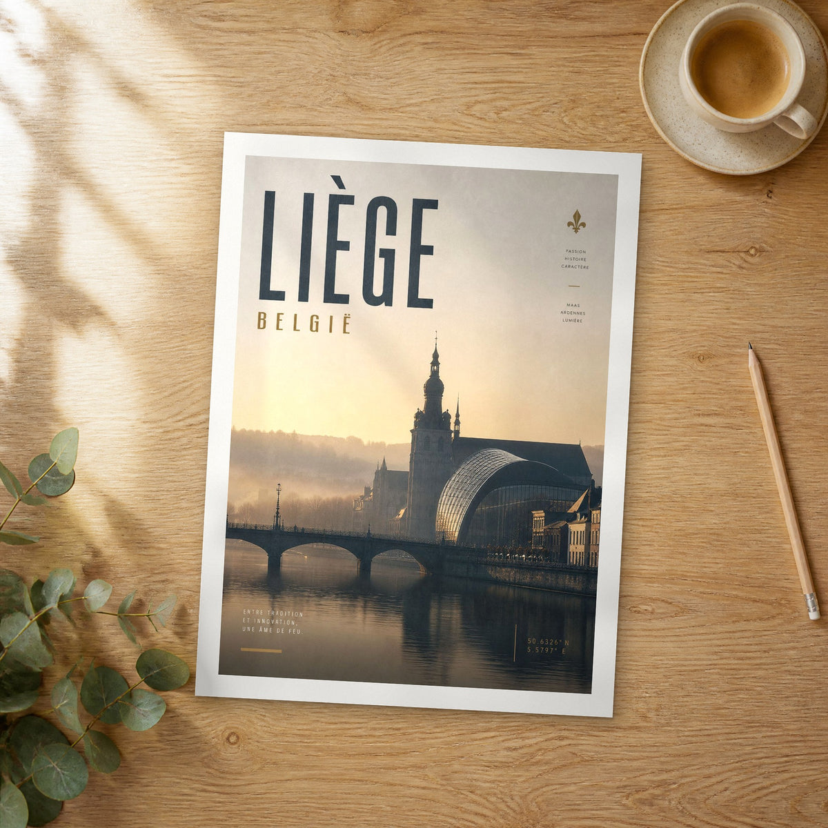 Unframed Liège bold typography travel poster on a wooden table