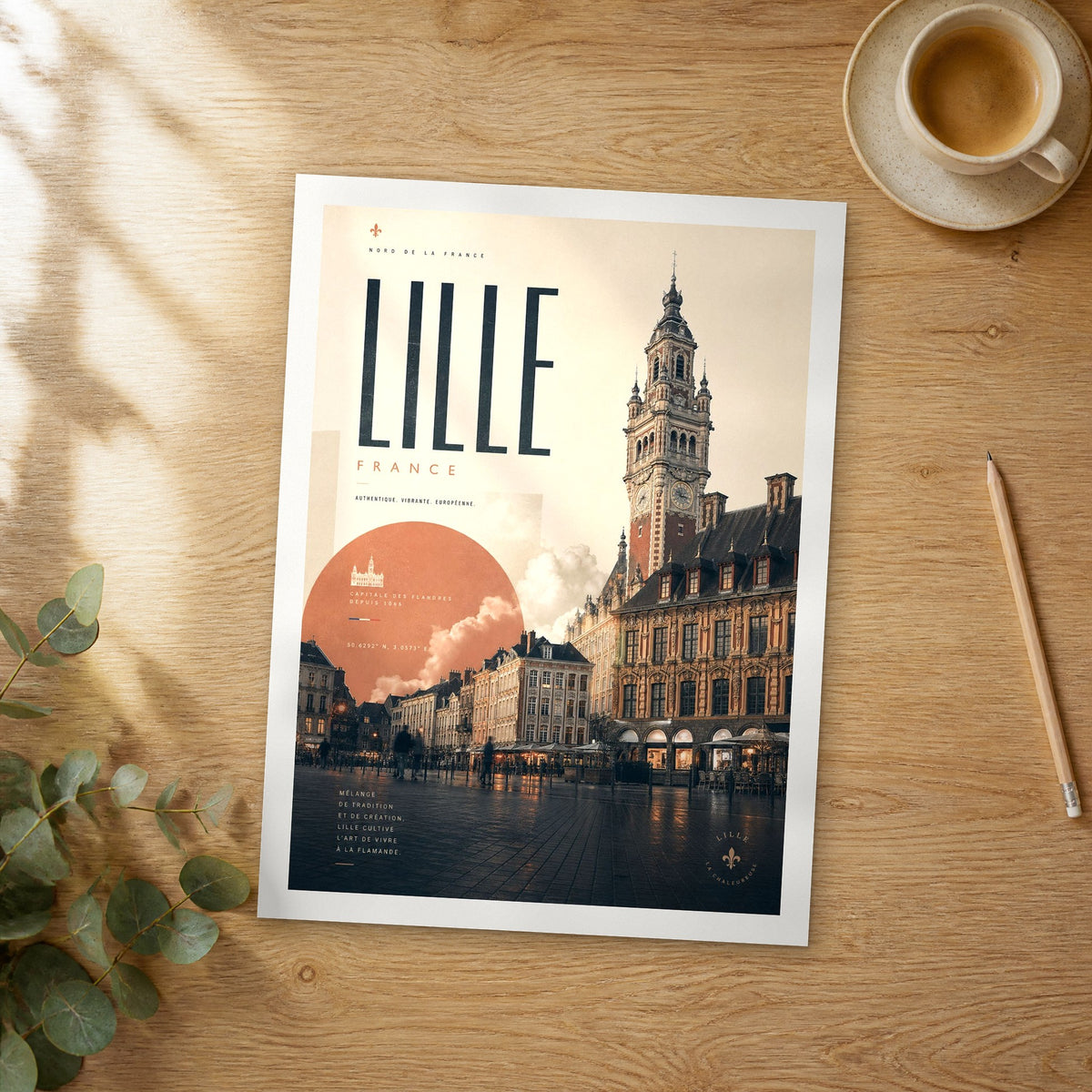 Unframed Lille bold typography travel poster on a wooden table