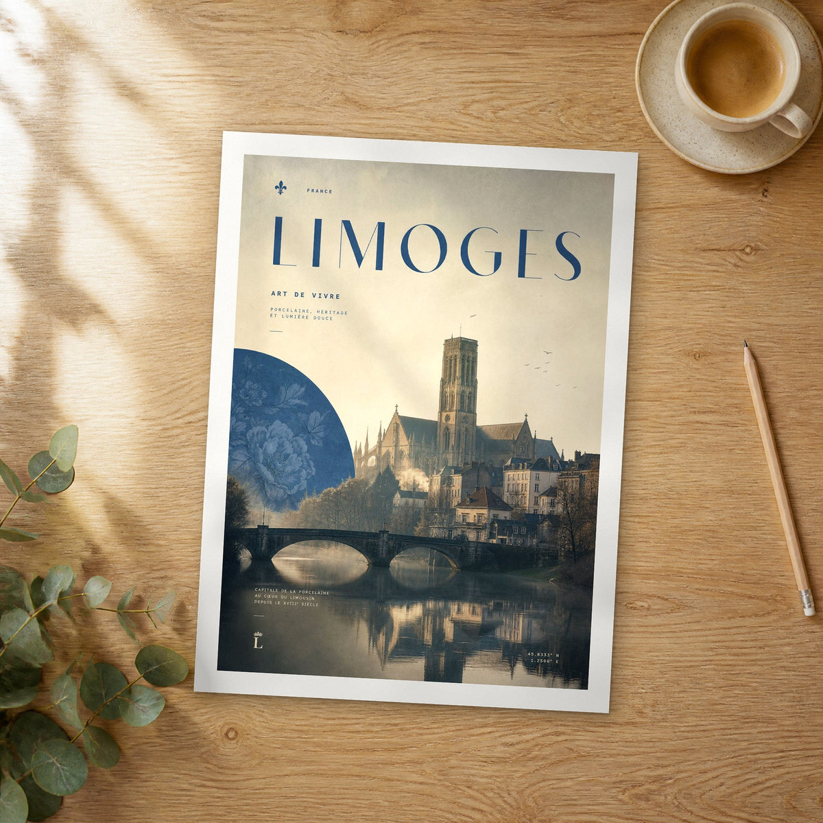 Unframed Limoges bold typography travel poster on a wooden table