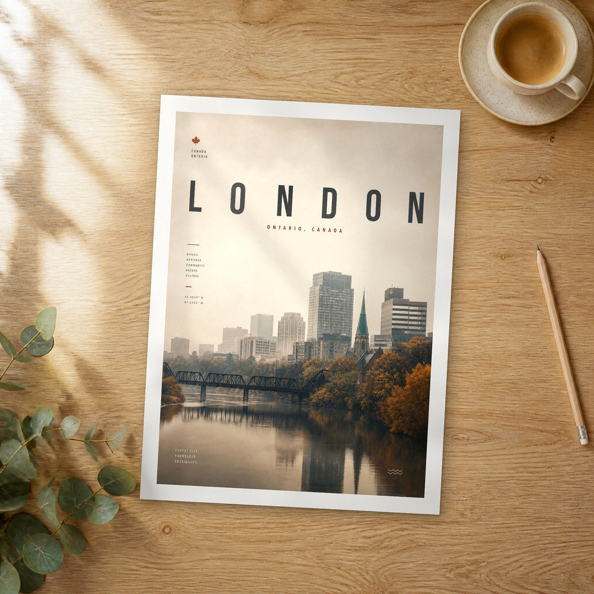 Unframed London bold typography travel poster on a wooden table