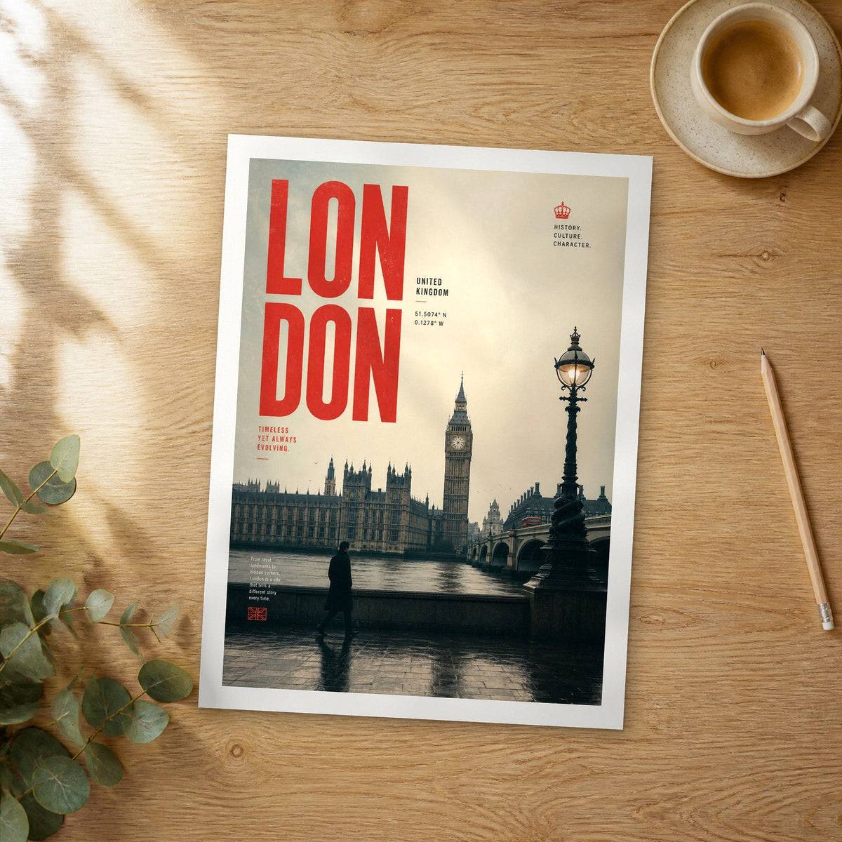 Unframed London Big Ben Riverside Walk bold typography travel poster on a wooden table