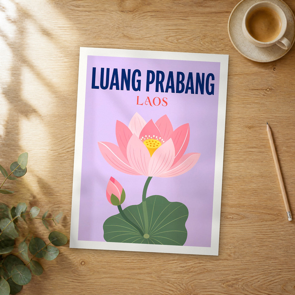 Unframed Luang Prabang pop art travel poster on a wooden table