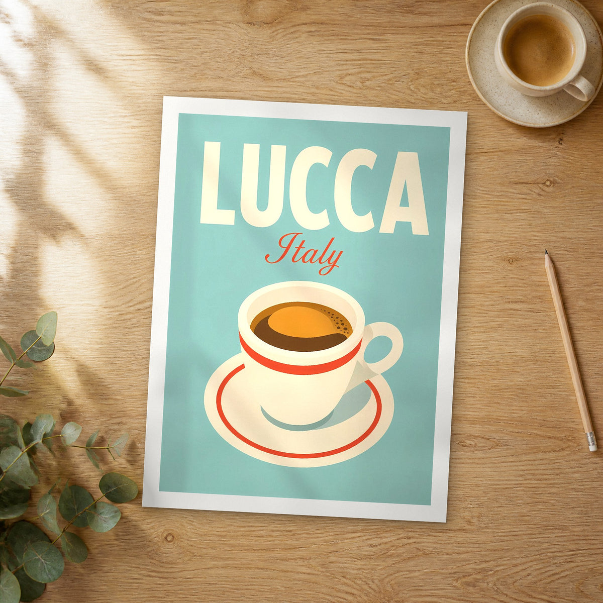Unframed Lucca pop art travel poster on a wooden table