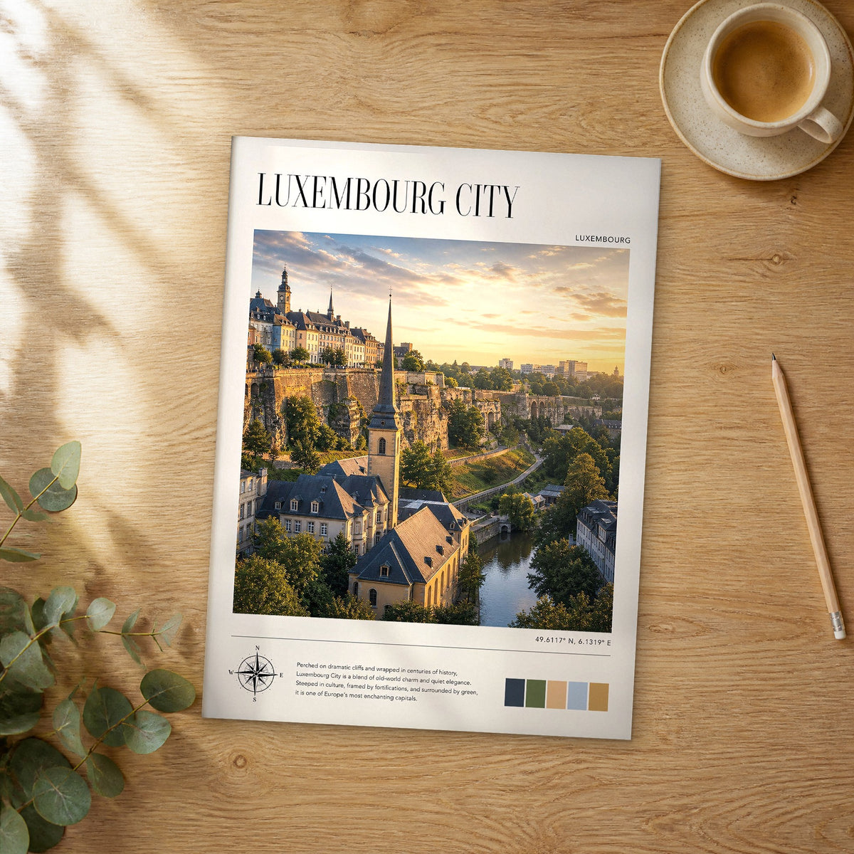 Unframed Luxembourg City modern photography travel poster on a wooden table