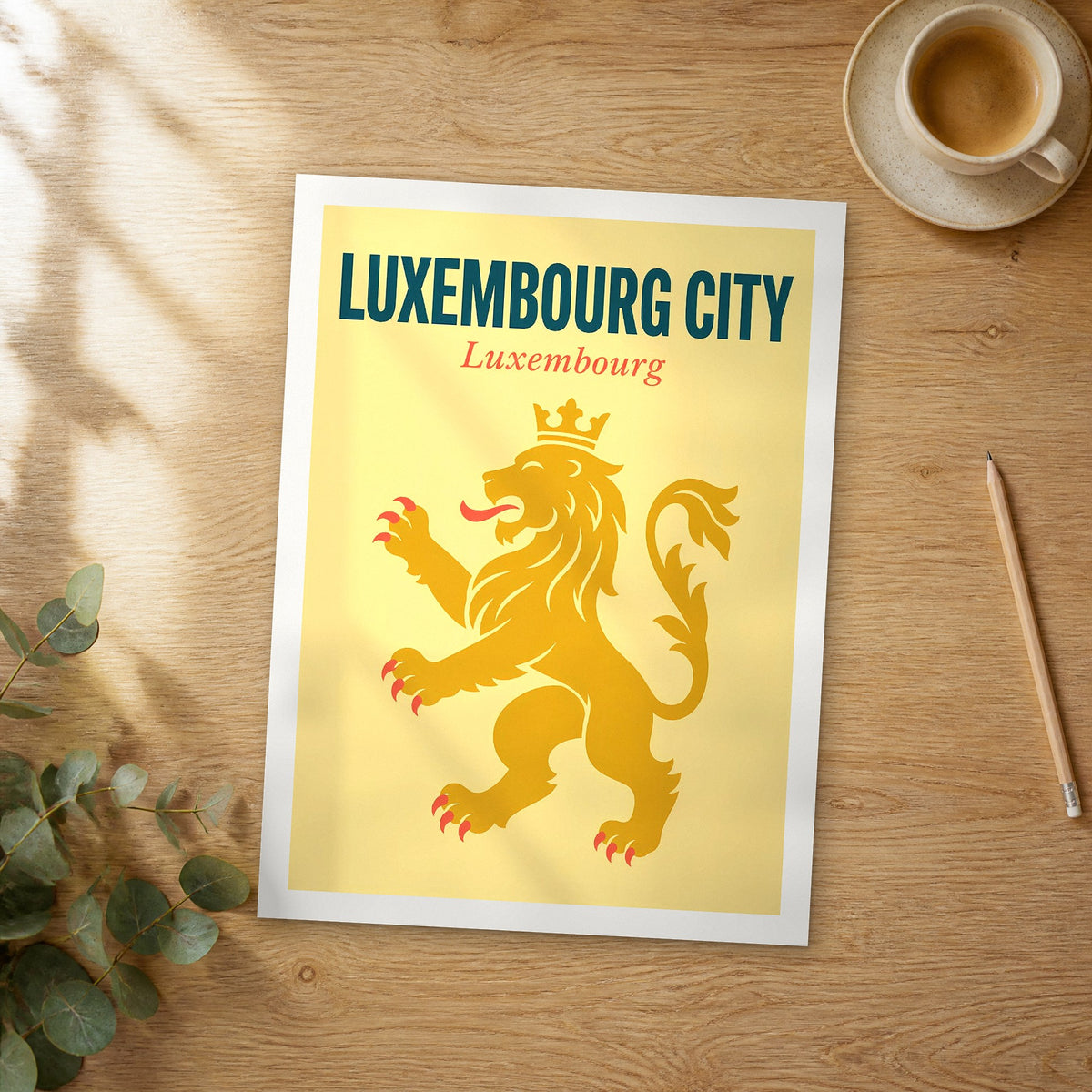 Unframed Luxembourg City pop art travel poster on a wooden table