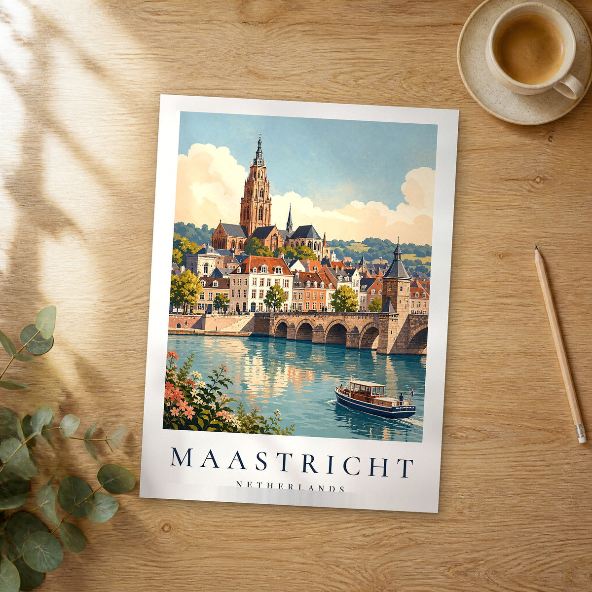 Unframed Maastricht vintage travel poster on a wooden table