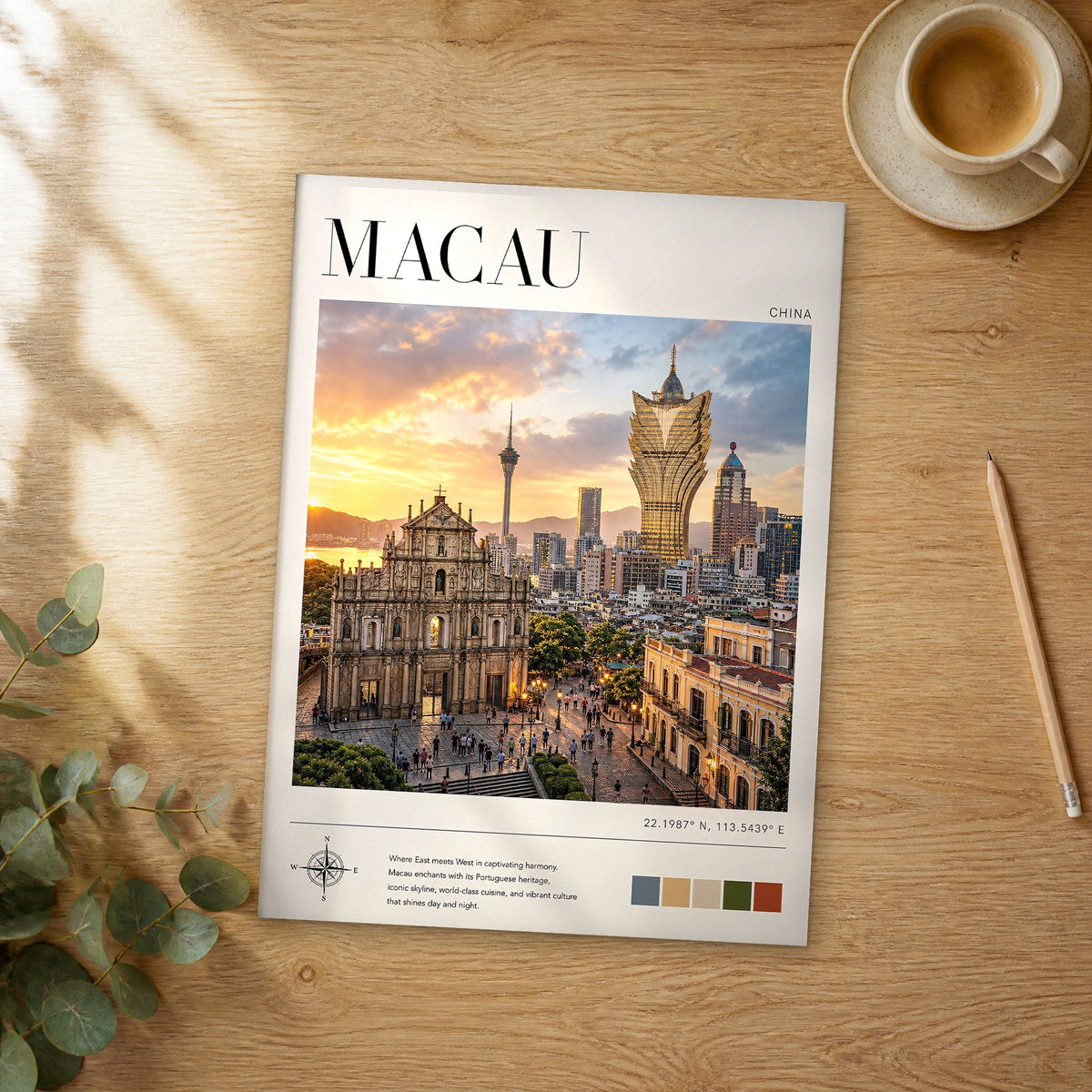 Unframed Macau modern photography travel poster on a wooden table