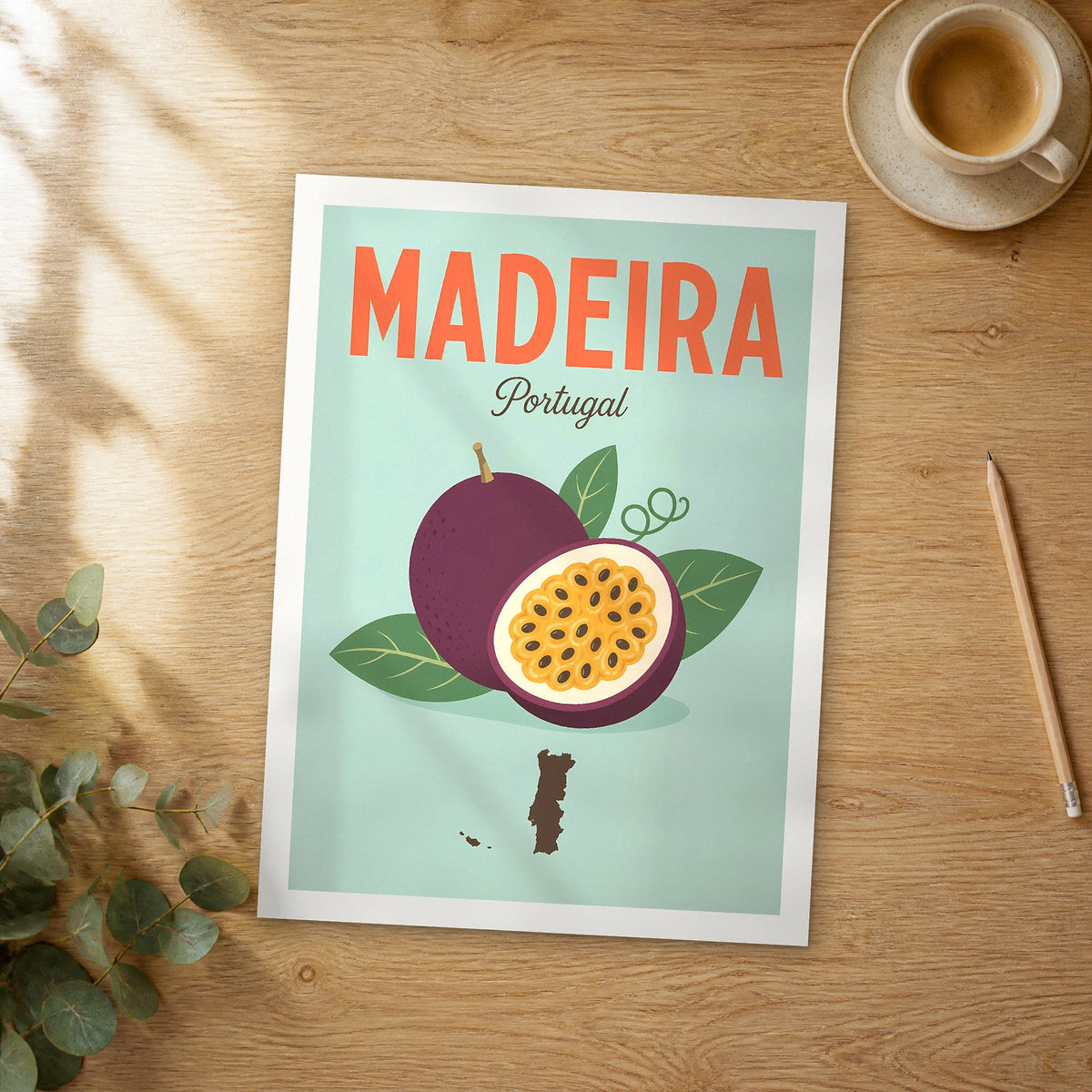 Unframed Madeira pop art travel poster on a wooden table