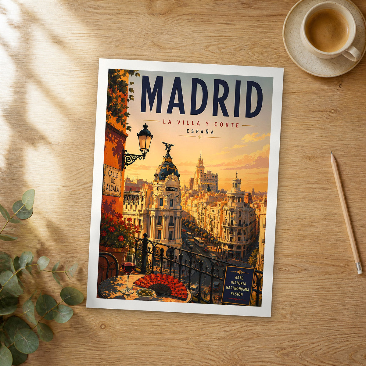 Unframed Madrid Gran Vía at Sunset retro travel poster on a wooden table