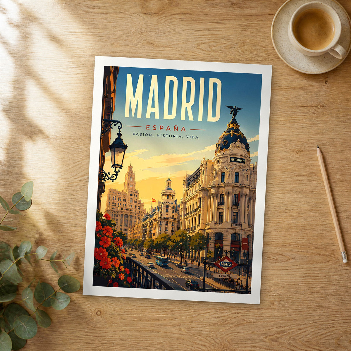 Unframed Madrid Metropolis Building retro travel poster on a wooden table