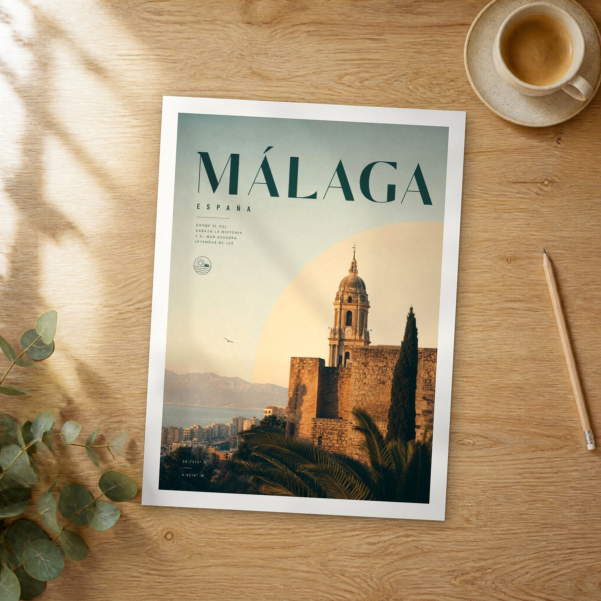 Unframed Málaga bold typography travel poster on a wooden table