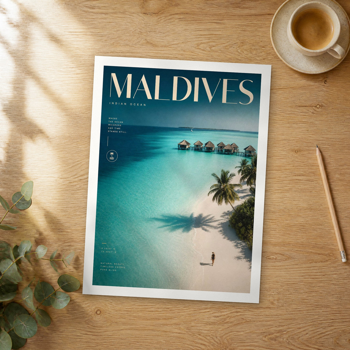 Unframed Maldives Palm Beach Walk bold typography travel poster on a wooden table