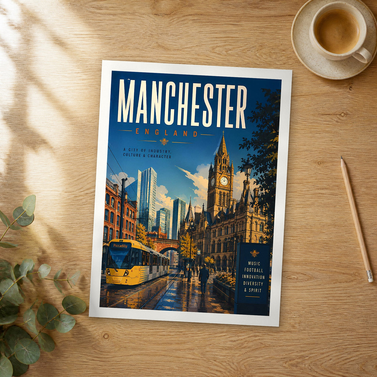 Unframed Manchester retro travel poster on a wooden table