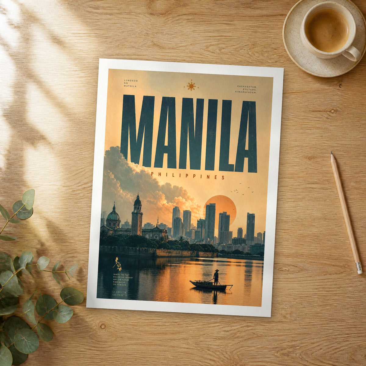 Unframed Manila bold typography travel poster on a wooden table