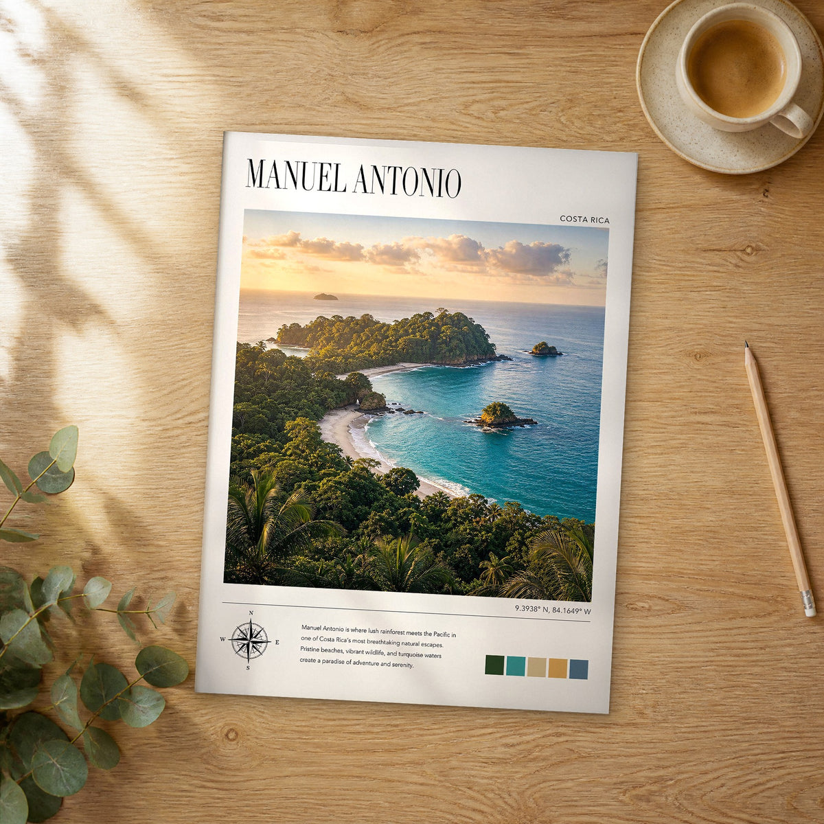 Unframed Manuel Antonio modern photography travel poster on a wooden table