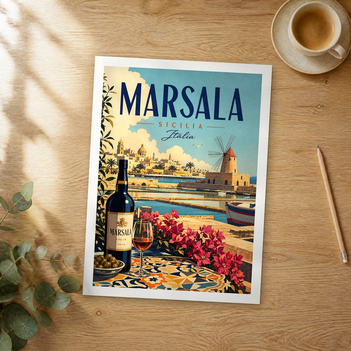 Unframed Marsala retro travel poster on a wooden table