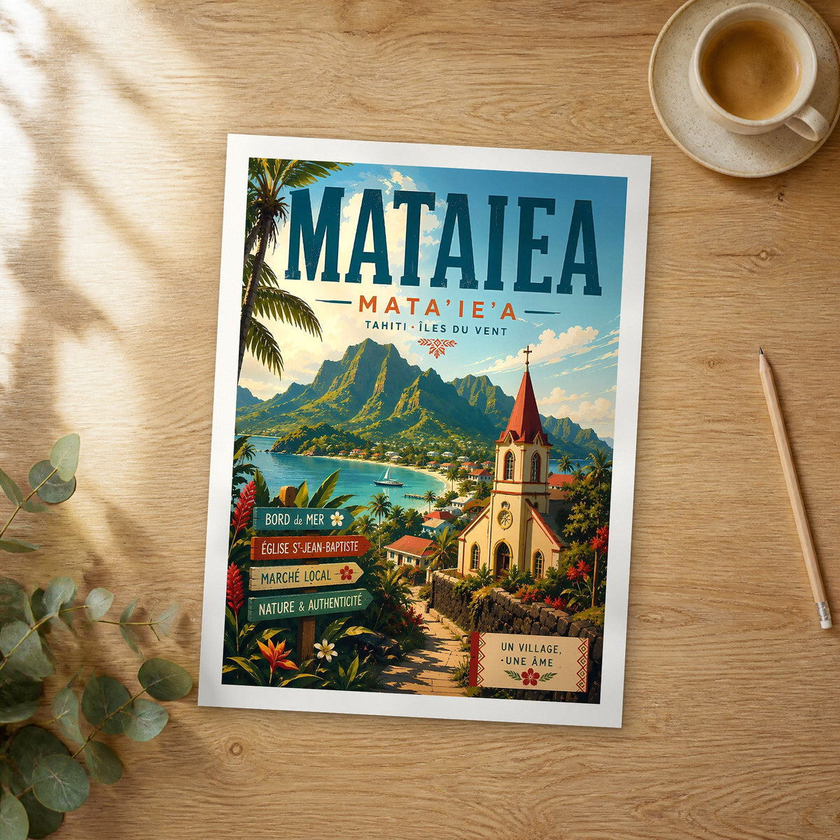 Unframed Mataiea retro travel poster on a wooden table