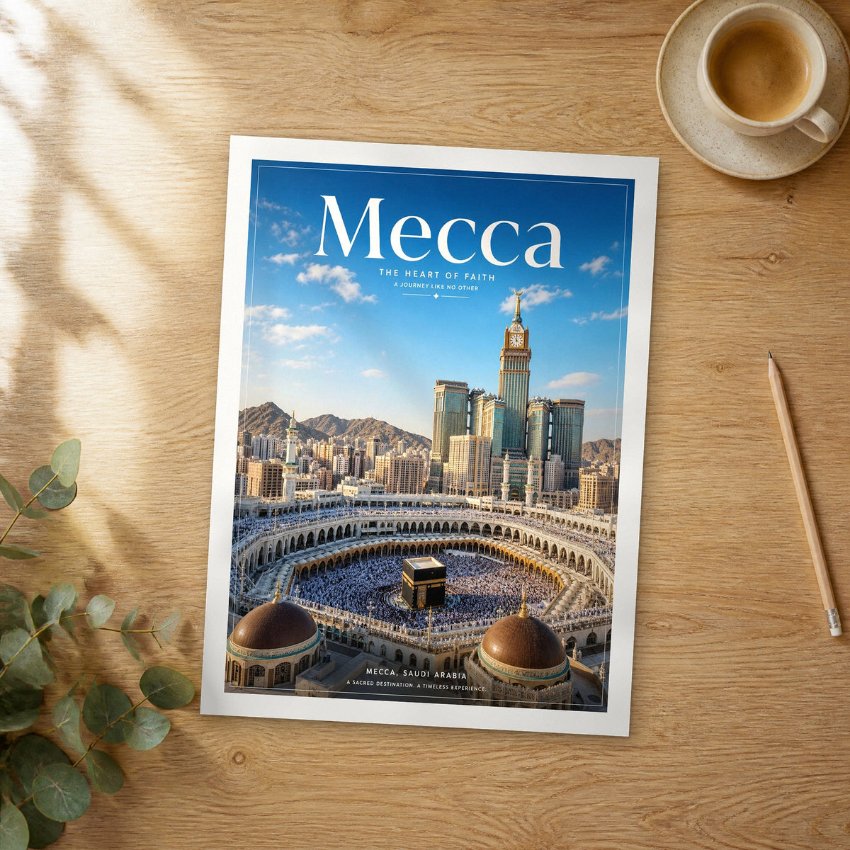 Unframed Mecca Kaaba and Grand Mosque editorial travel poster on a wooden table