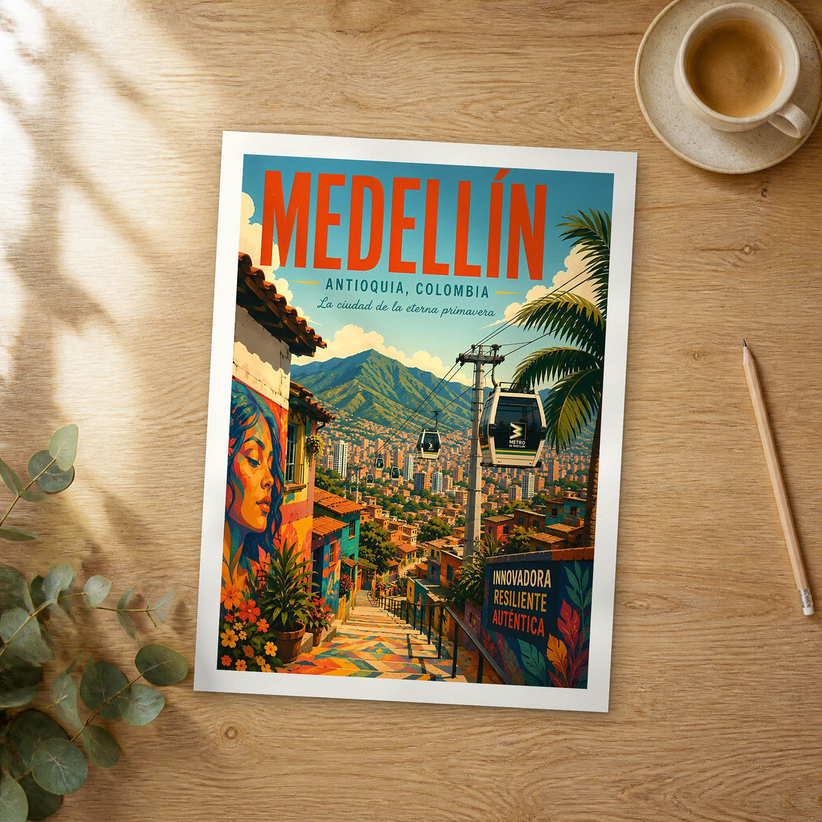 Unframed Medellín Comuna 13 Stairway retro travel poster on a wooden table