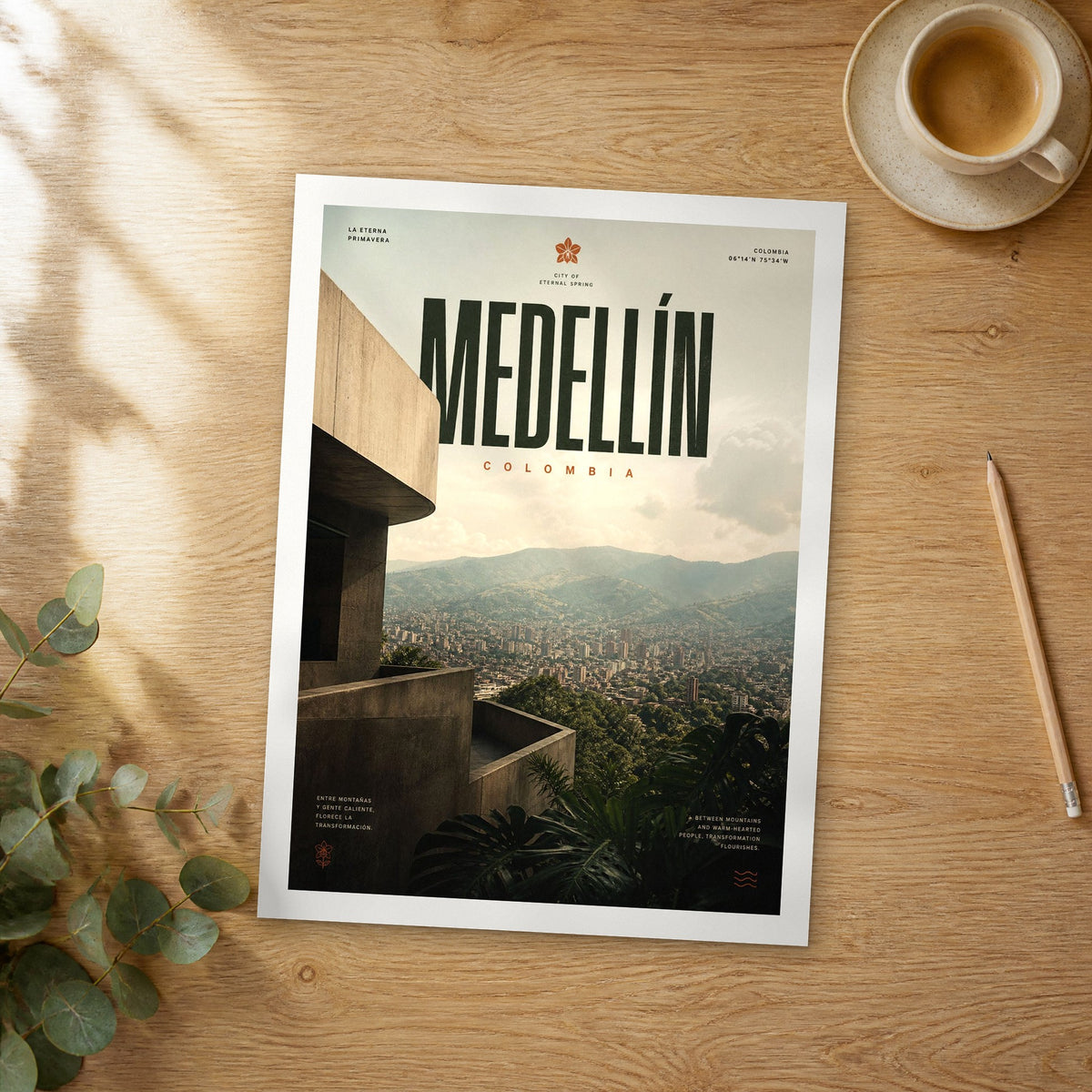 Unframed Medellín Valley City Panorama bold typography travel poster on a wooden table