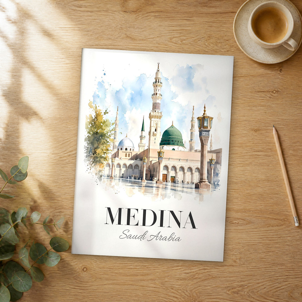 Unframed Medina Prophet's Mosque watercolor travel poster on a wooden table