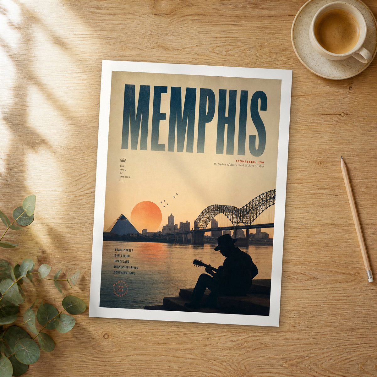 Unframed Memphis bold typography travel poster on a wooden table