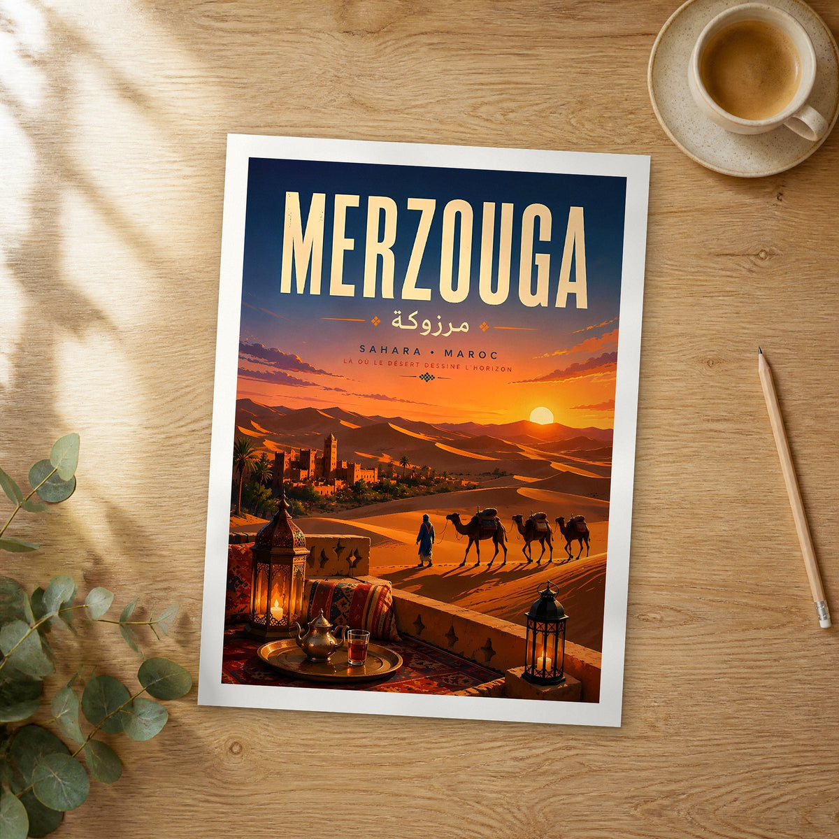 Unframed Merzouga retro travel poster on a wooden table