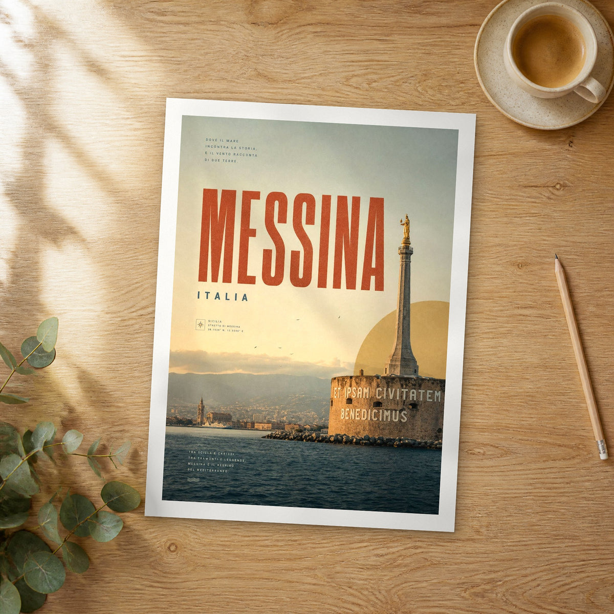 Unframed Messina bold typography travel poster on a wooden table