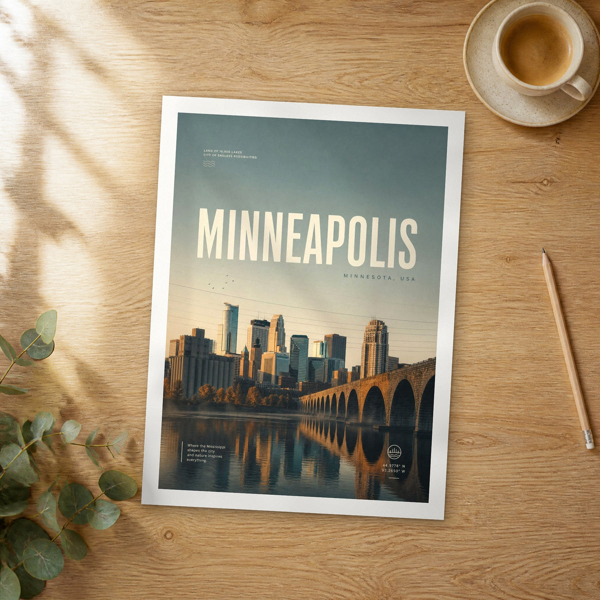 Unframed Minneapolis bold typography travel poster on a wooden table