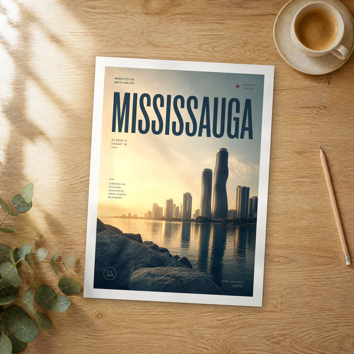Unframed Mississauga bold typography travel poster on a wooden table