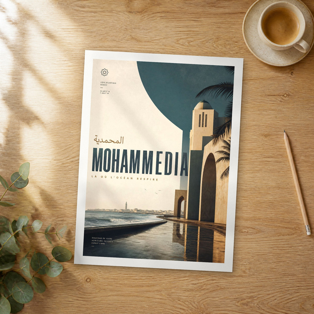 Unframed Mohammedia bold typography travel poster on a wooden table