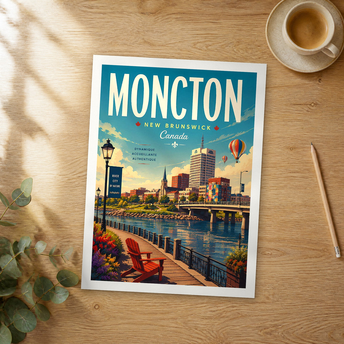 Unframed Moncton retro travel poster on a wooden table