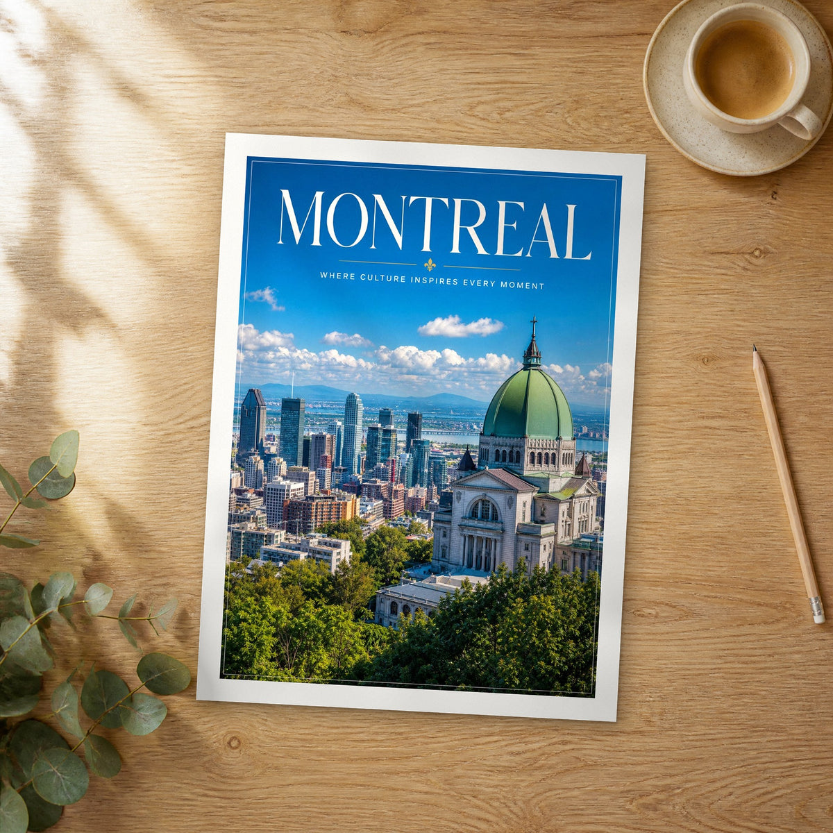 Unframed Montreal editorial travel poster on a wooden table