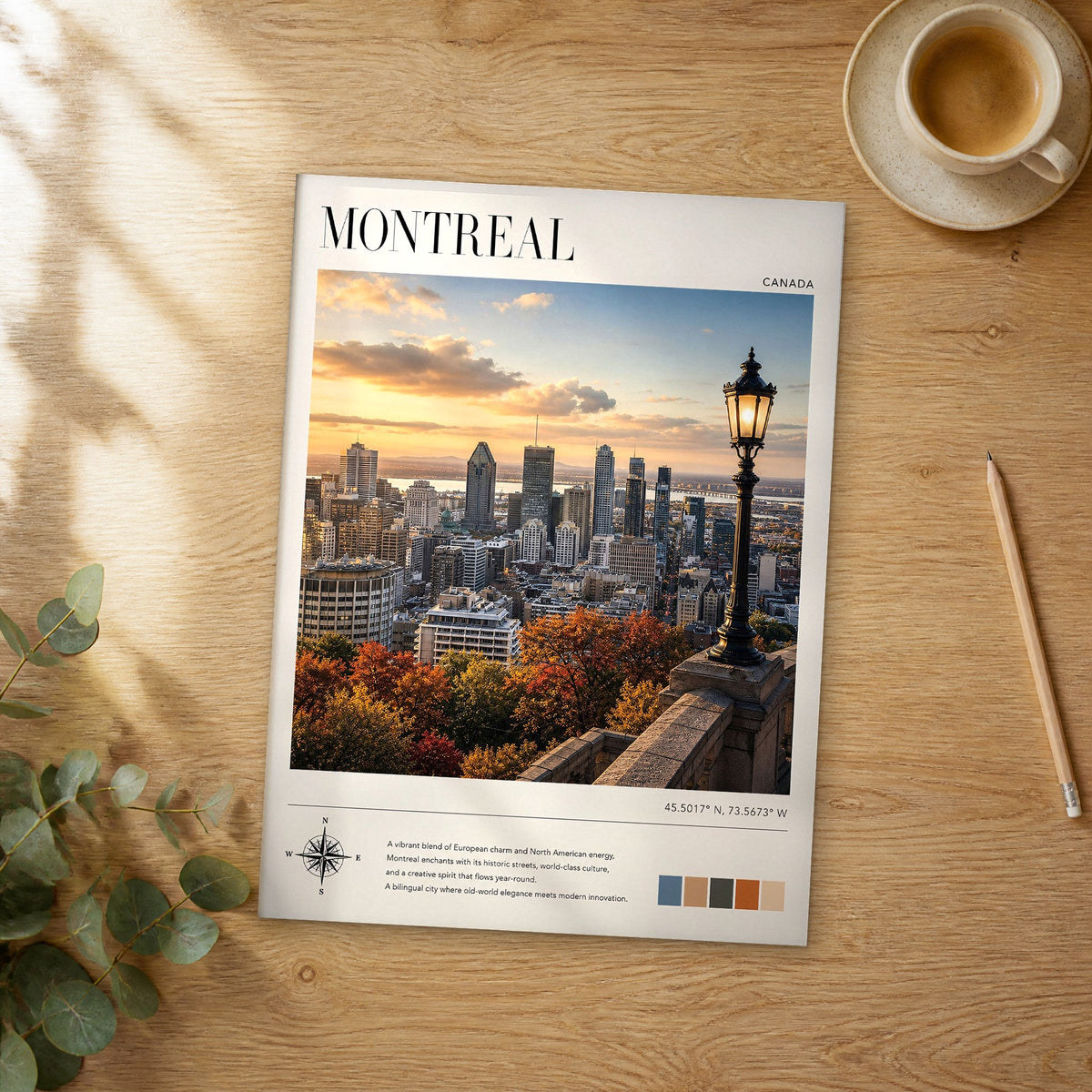 Unframed Montreal modern photography travel poster on a wooden table
