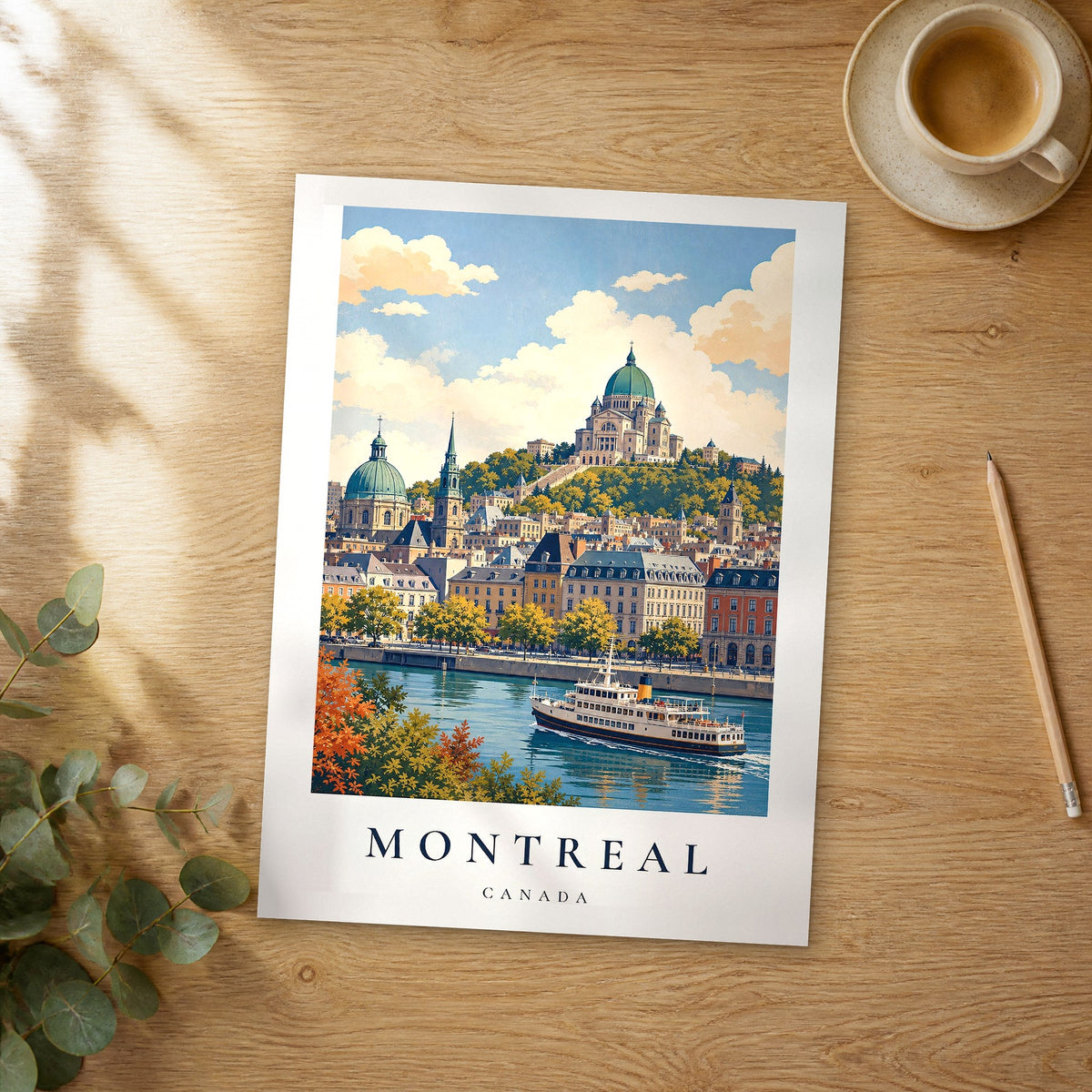 Unframed Montreal vintage travel poster on a wooden table